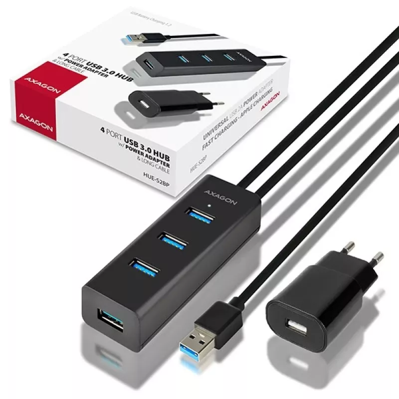 Axagon HUE-S2BP 4x USB 3.0 NABÍJACÍ HUB s 1,2 m káblom vrátane napájacieho zdroja