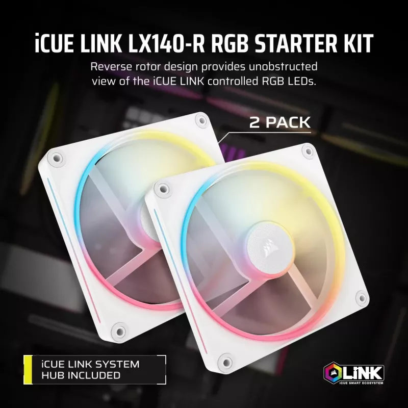 CORSAIR Icue Link Lx140-r RGB 140mm PWM Reverse ventilátor štartovacia sada - biela