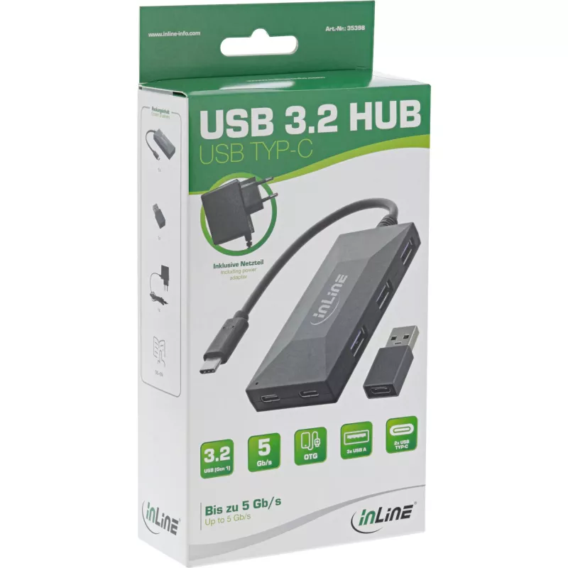 InLine USB 3.2 Gen.1 hub, USB-C na 2 porty USB-C a 3 porty USB-A, s napájacím zdrojom