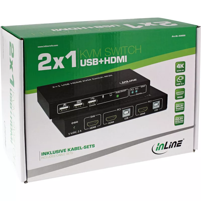 InLine 2x1 HDMI KVM prepínač, 2x1, HDMI 4K2K, USB 2.0 hub, s audio