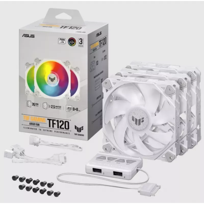 Vzduchový chladič ASUS TUF GAMING TF120 ARGB WHITE EDITION — 3×120 mm ventilátory, 1900 ot/min, 29 dB, diaľkový ovládač
