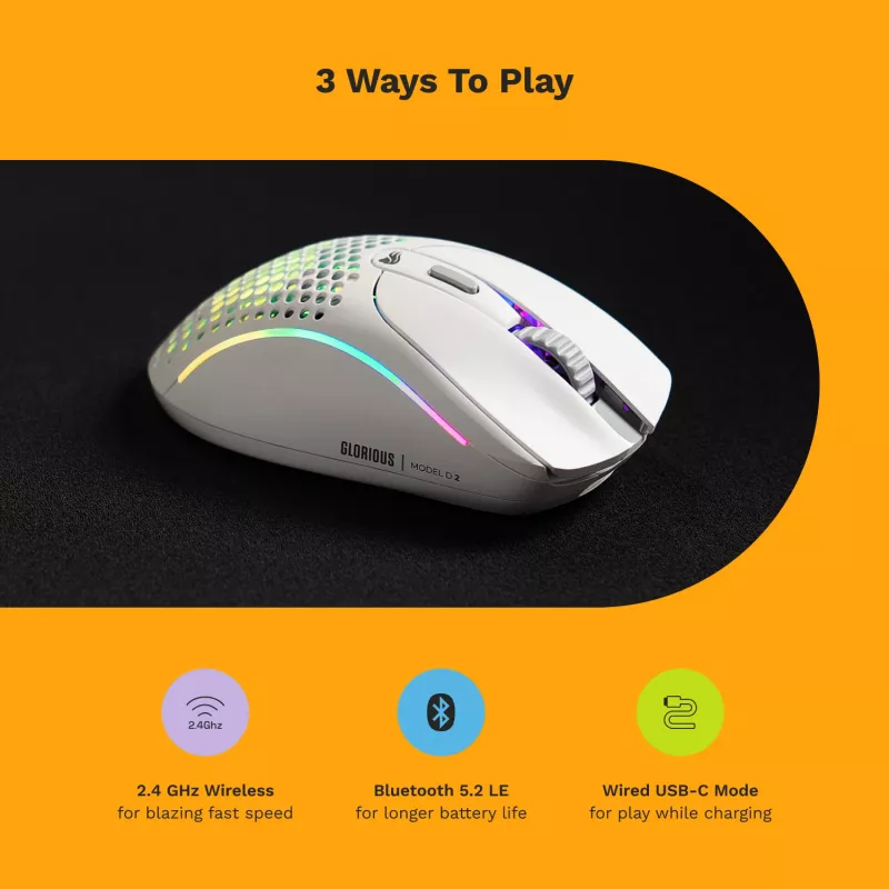 Glorious Gaming Glorious Model D 2 Wireless - matná biela, pravá ruka, RF Wireless, 19000 DPI, biela