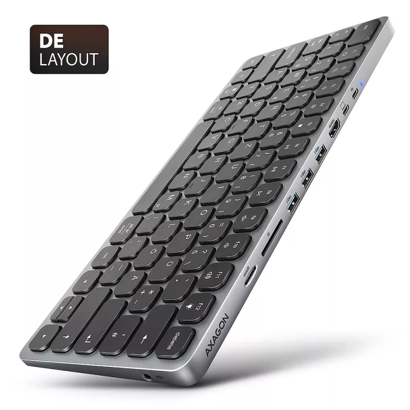 Axagon HMC-KB-GE, USB 5Gbps hub s klávesnicou, HDMI 4K/60Hz, 3x USB-A, SD/mSD, Audio, PD 100, nemecký layout