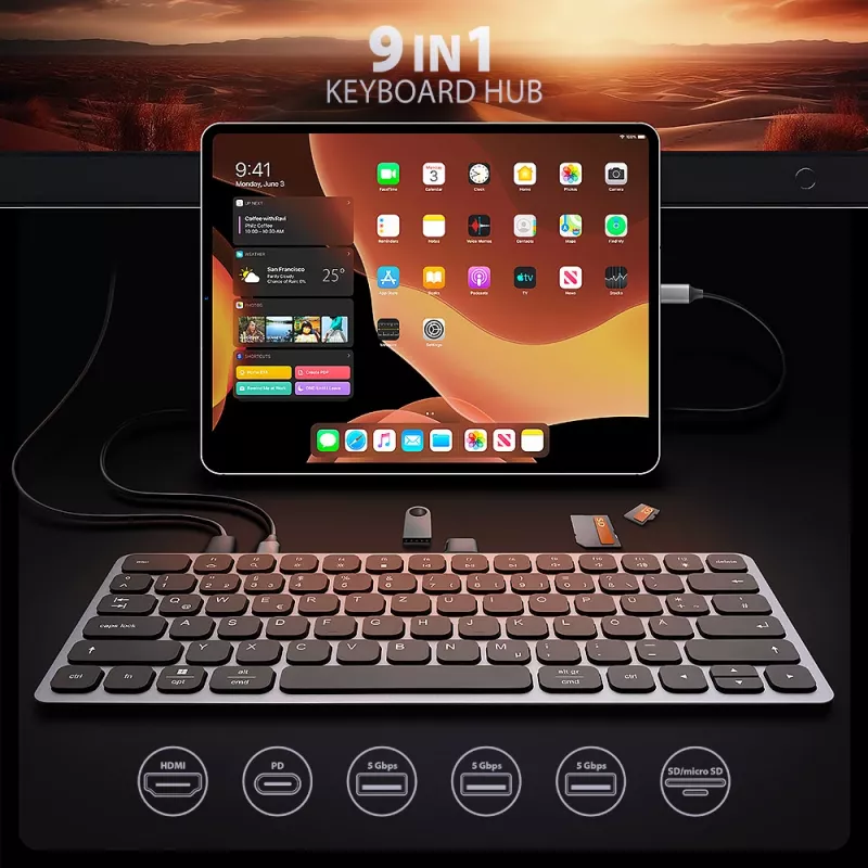 Axagon HMC-KB-GE, USB 5Gbps hub s klávesnicou, HDMI 4K/60Hz, 3x USB-A, SD/mSD, Audio, PD 100, nemecký layout