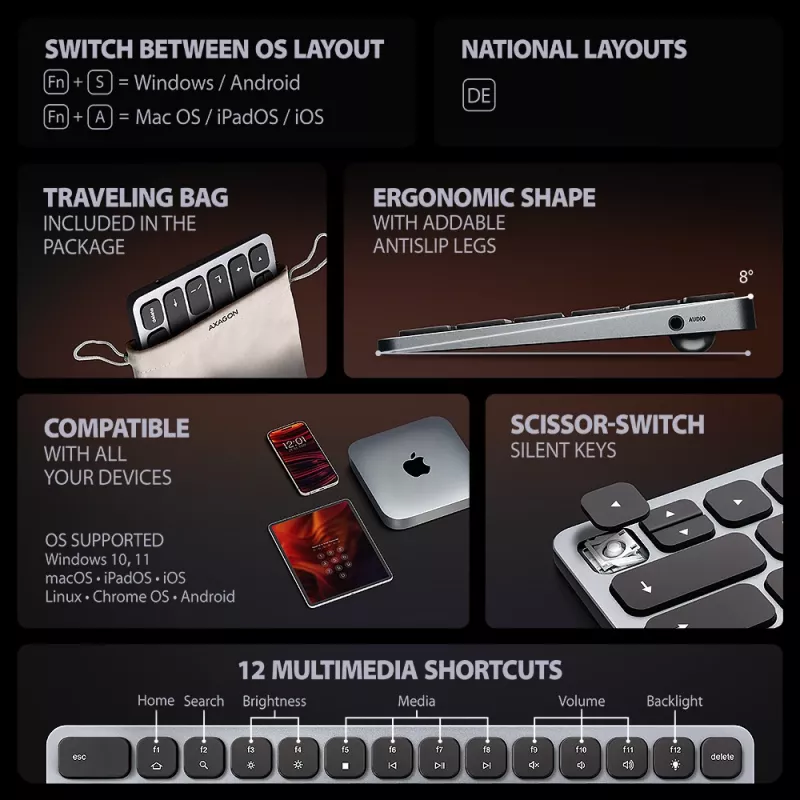 Axagon HMC-KB-GE, USB 5Gbps hub s klávesnicou, HDMI 4K/60Hz, 3x USB-A, SD/mSD, Audio, PD 100, nemecký layout