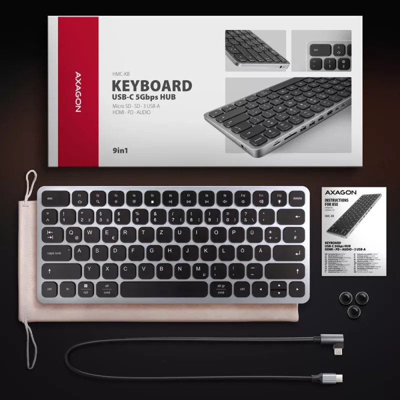 Axagon HMC-KB-GE, USB 5Gbps hub s klávesnicou, HDMI 4K/60Hz, 3x USB-A, SD/mSD, Audio, PD 100, nemecký layout