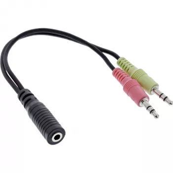 InLine audio kábel adaptér pre headset, 2x 3,5 mm konektor samec na 3,5 mm konektor samica 4-polový, CTIA, 0,15 m