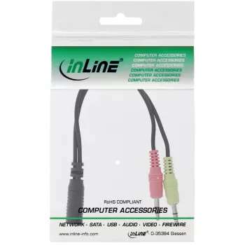InLine audio kábel adaptér pre headset, 2x 3,5 mm konektor samec na 3,5 mm konektor samica 4-polový, CTIA, 0,15 m