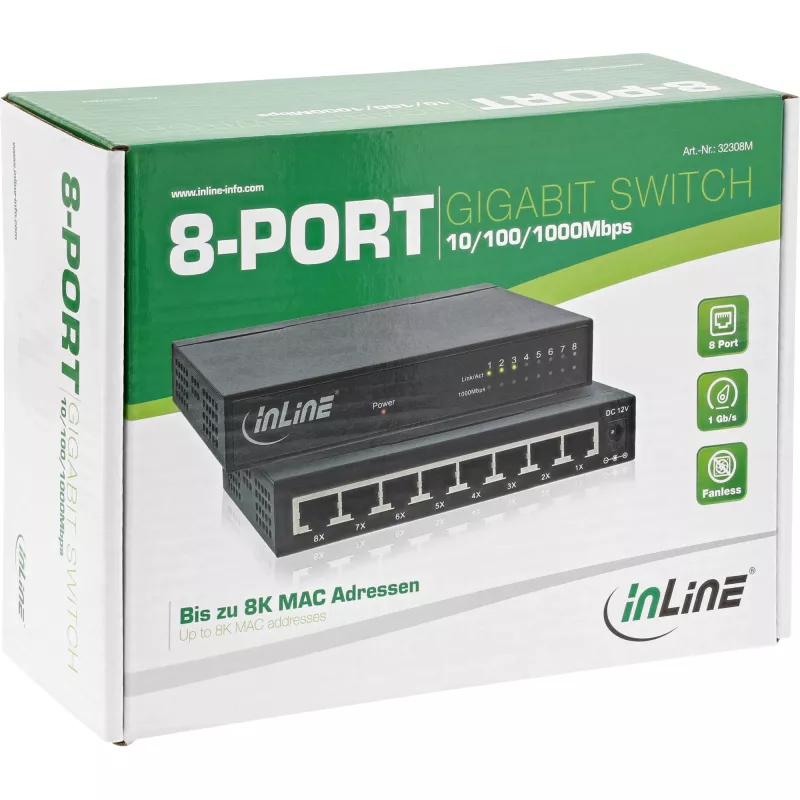 InLine sieťový switch 8-port, 1 Gbit/s, desktop, kov, bez ventilátora, tienené porty