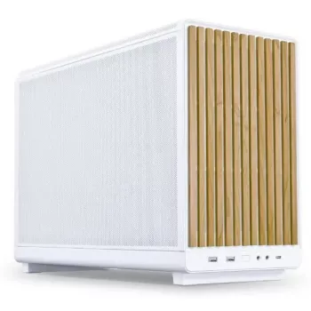 PC skriňa Lian Li A3-mATX Micro Tower biela s drevenými akcentmi — podpora Micro-ATX/Mini-ITX, ATX/SFX/SFX‑L napájacie zdroje