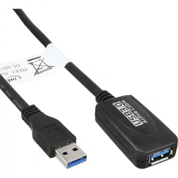 InLine USB3.2 Gen.1 aktívny opakovač kábel Type-A konektor samec / konektor samica, čierny, 5m