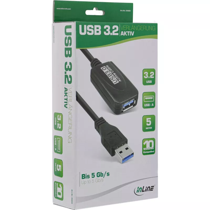 InLine USB3.2 Gen.1 aktívny opakovač kábel Type-A konektor samec / konektor samica, čierny, 5m
