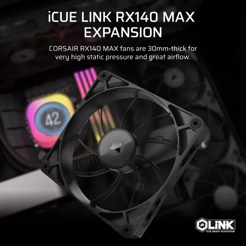 CORSAIR iCUE Link RX140 MAX 140-mm PWM ventilátor, hrubý, rozšírenie