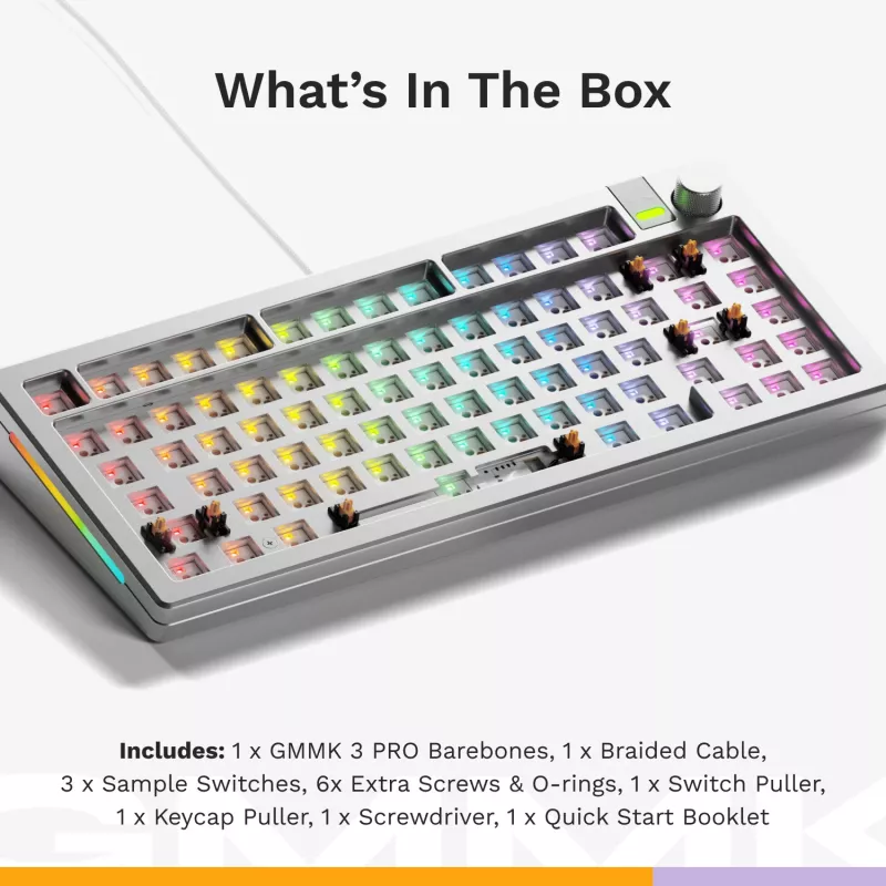 Glorious Gaming GMMK 3 PRO 75% Barebones Wired Silver - US, 75%, káblová, USB, RGB LED, strieborná