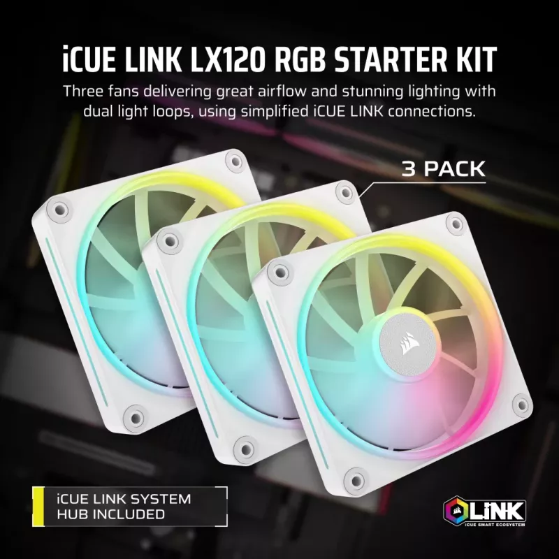 CORSAIR Icue Link Lx120 RGB 120mm Pwm ventilátor štartovacia sada - biela