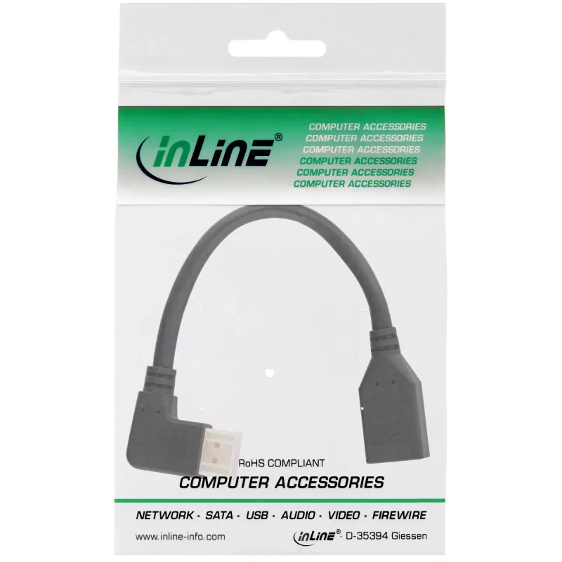 InLine DisplayPort 1.4 adaptérový kábel M/F, 8K4K, zahnutý doľava, čierny/zlatý, 0,15m