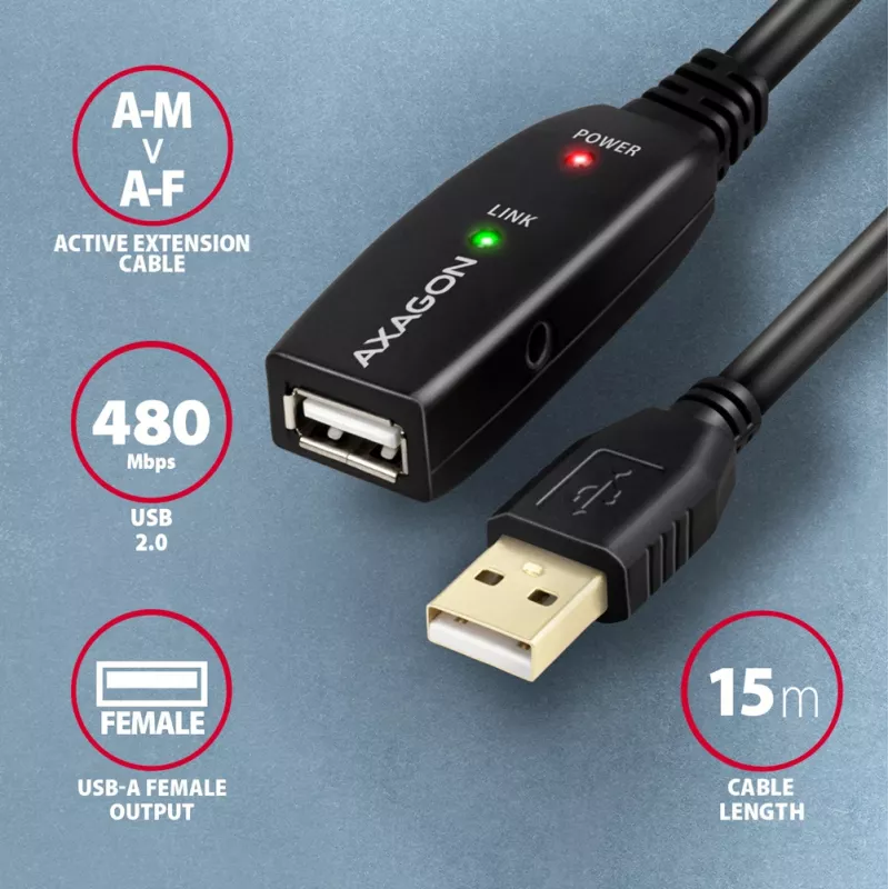 Axagon ADR-215 USB 2.0 A-M -> A-F aktívny predlžovací/repeater kábel 15 m