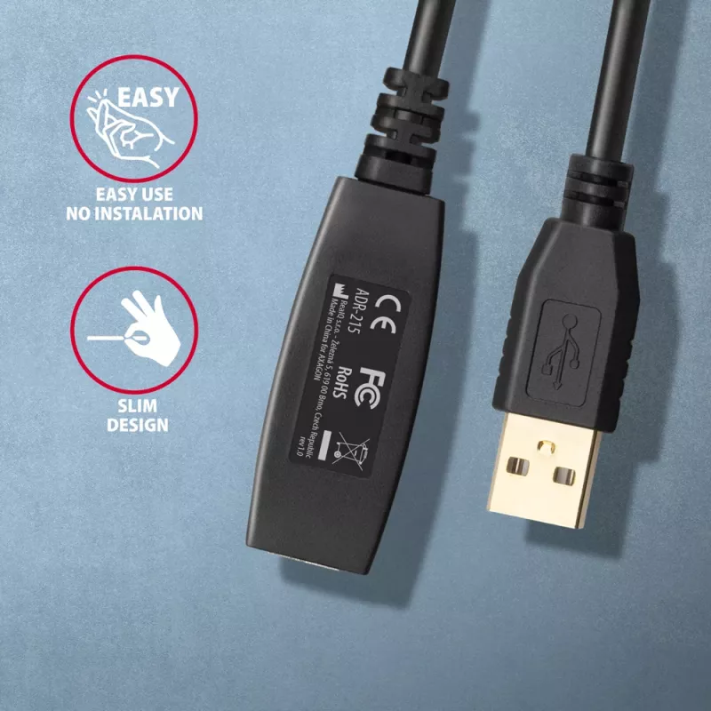 Axagon ADR-215 USB 2.0 A-M -> A-F aktívny predlžovací/repeater kábel 15 m