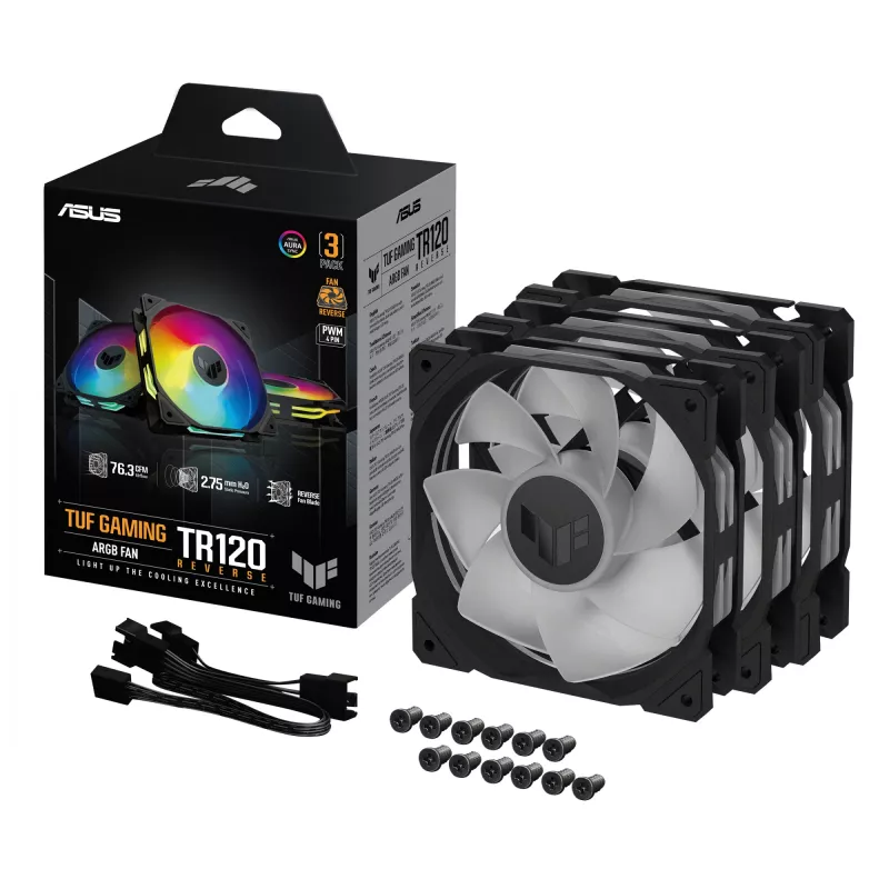 Skriňové ventilátory ASUS TUF Gaming TR120 ARGB Reverse 90DA00D0-B09020 (3 ks), 120 mm, PWM, hydraulické ložisko, čierne