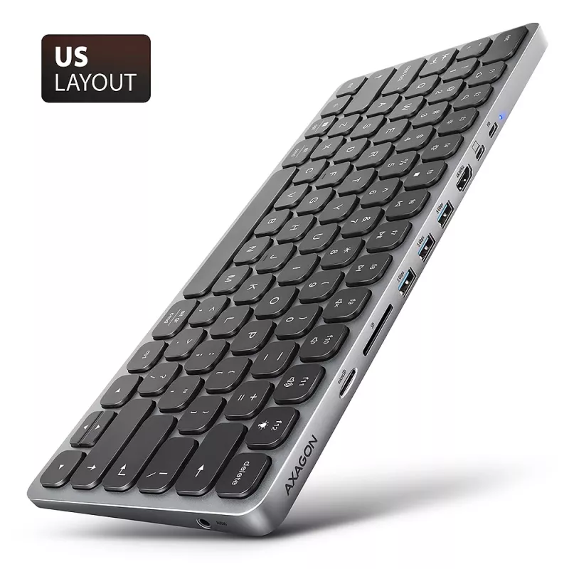 Axagon HMC-KB-US, USB 5Gbps hub s klávesnicou, HDMI 4K/60Hz, 3x USB-A, SD/mSD, audio, PD 100, US rozloženie