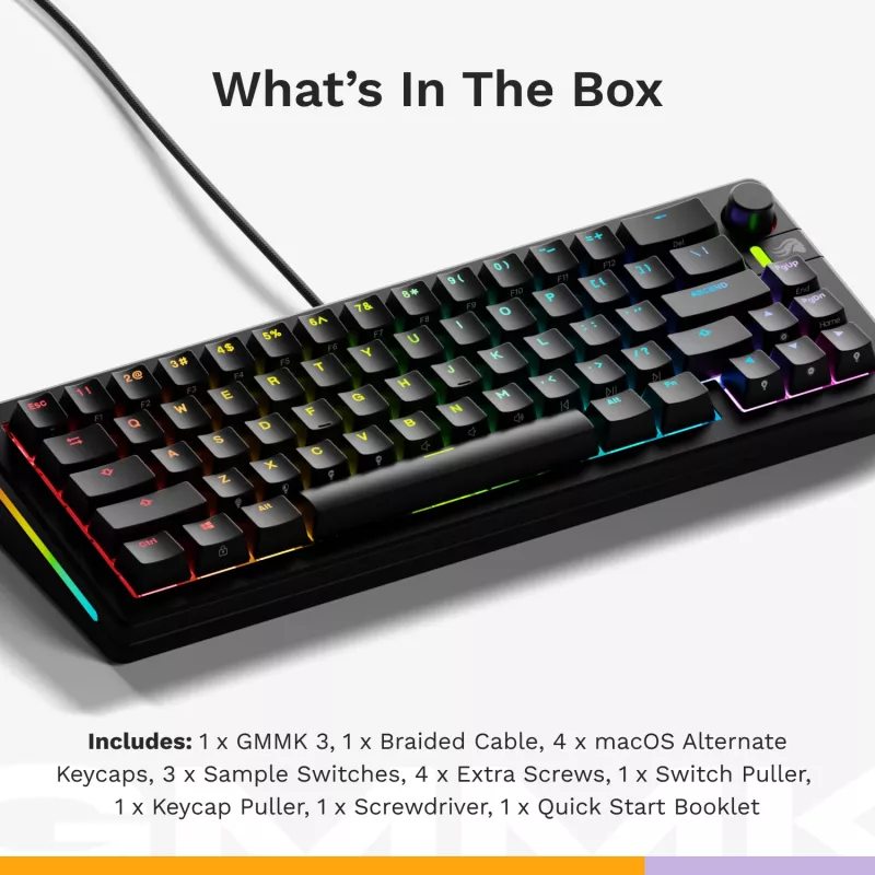 Glorious GMMK 3 65% prispôsobiteľná herná klávesnica GLO-KB-GMMK3-65-PB-FOX-W-BLK-US, pre-built, drôtová, spínače Fox, ANSI US, čierna