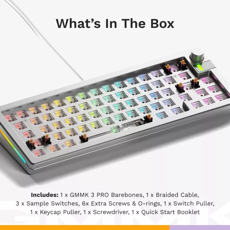 Mechanická klávesnica GLORIOUS GMMK 3 PRO 65% Barebones káblová strieborná — 65% USB RGB, 2 m kábel
