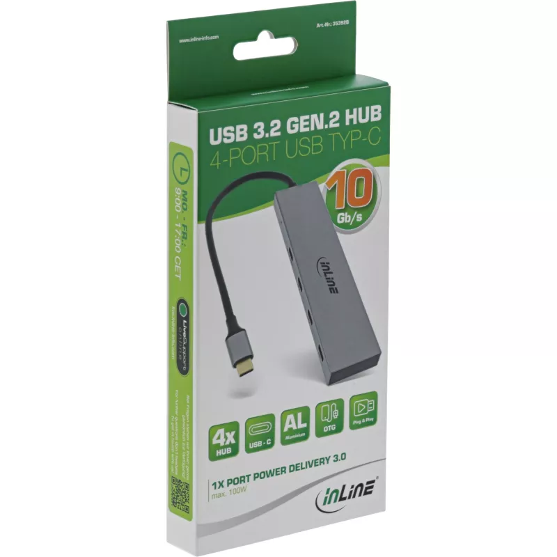 InLine USB 3.2 Gen.2 hub (10 Gb/s), 4 porty USB-C, OTG, hliníkové puzdro