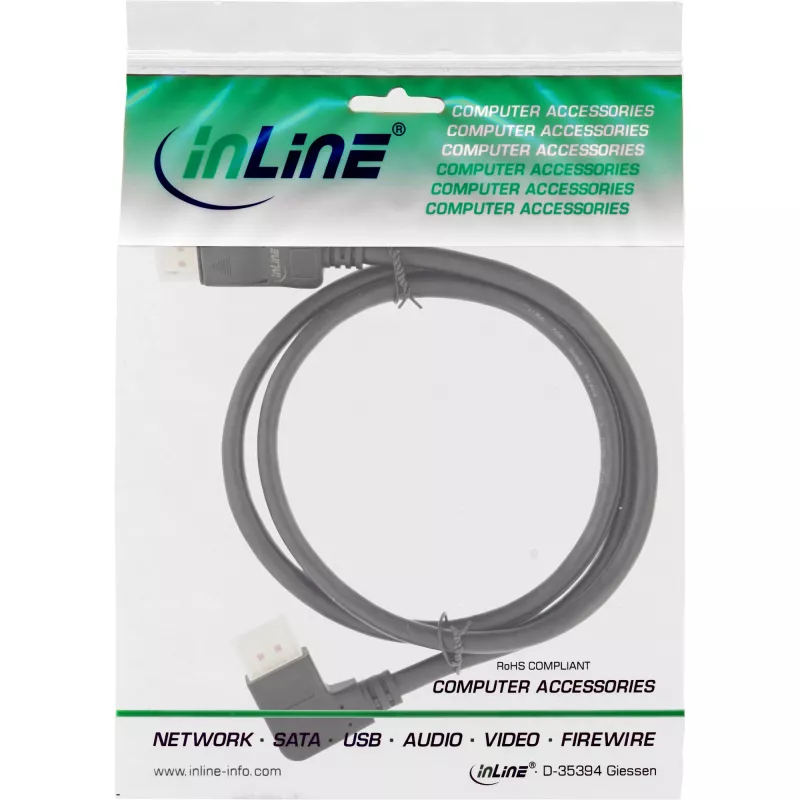 InLine DisplayPort 1.4 kábel, 8K4K, ľavý zahnutý, čierny/zlatý, 2m