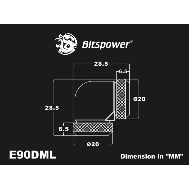 Kompresný uhol BitsPower Carbon čierny BP-CBE90DML — mosadzný 90° fitting, čierny carbon vzhľad, 1 ks