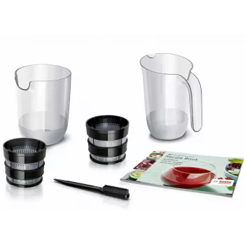 Pomalý odšťavovač Bosch MESM500W — 150 W motor, 1 L nádoba na šťavu, kompaktný 152×152×427 mm, biela/čierna