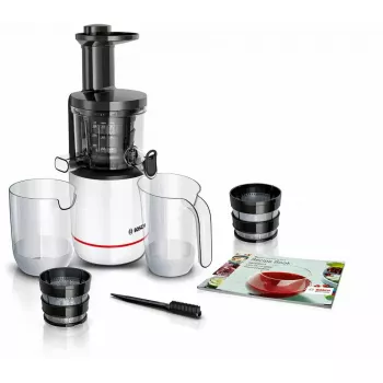 Pomalý odšťavovač Bosch MESM500W — 150 W motor, 1 L nádoba na šťavu, kompaktný 152×152×427 mm, biela/čierna