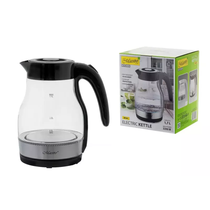 Maestro MR-061 elektrická rýchlovarná kanvica, sklenená, 2200 W, čierna