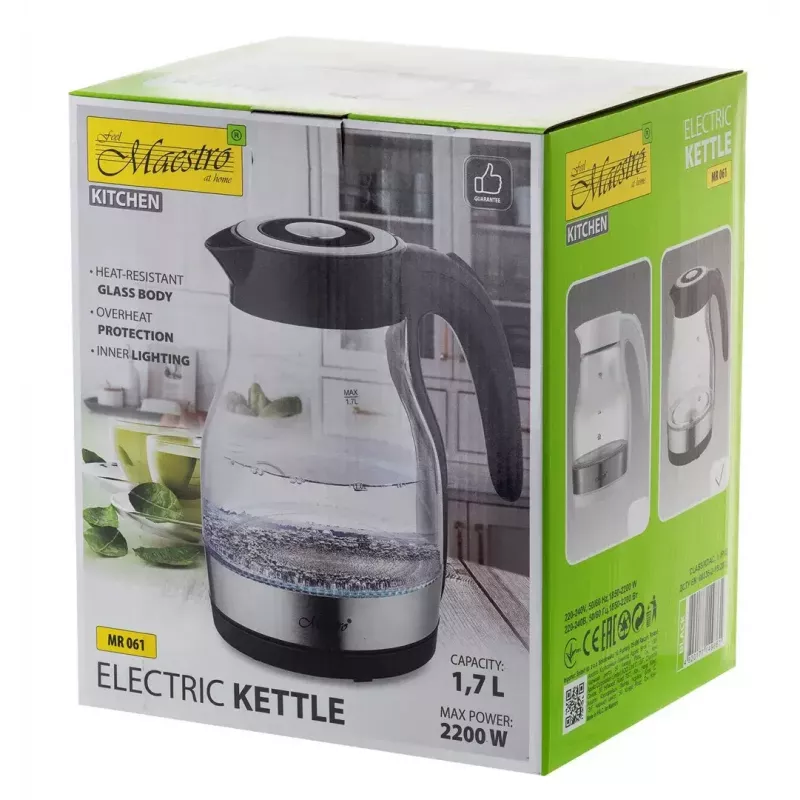 Maestro MR-061 elektrická rýchlovarná kanvica, sklenená, 2200 W, čierna