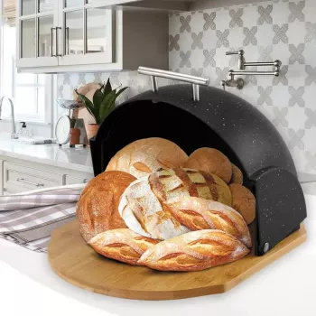 Chlebník Maestro MR-1678G-čierny – oválna nádoba na chlieb, plast s bambusovým vekom, 350×200×250 mm