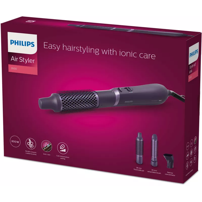 Sada na styling vlasov Philips 3000 series BHA305/00 — 800 W, 3 teplotné stupne, 3 nástavce, fialová