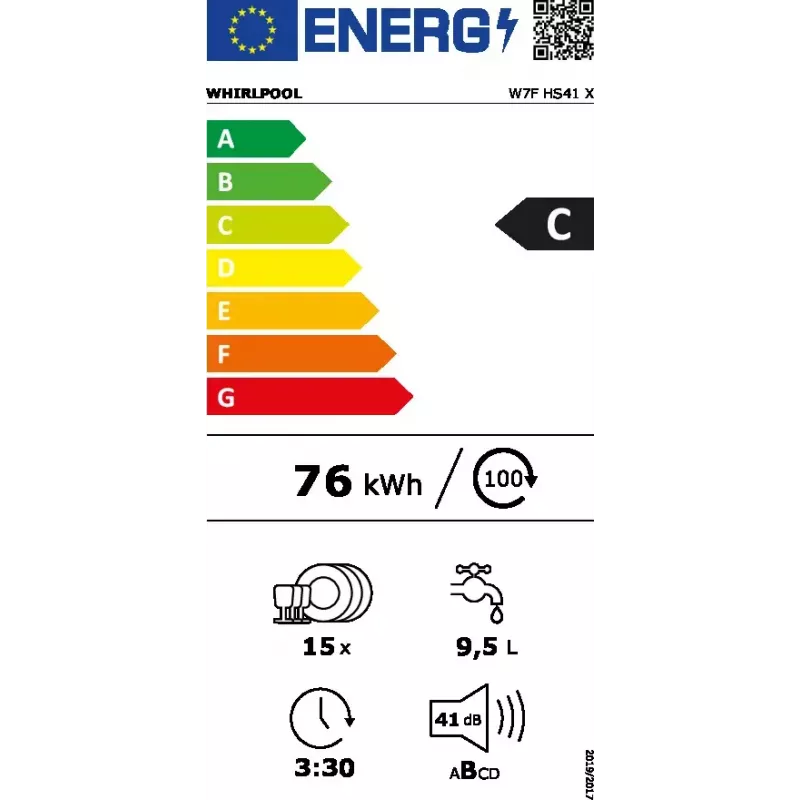 Voľne stojaca umývačka riadu WHIRLPOOL W7F HS41 X — 15 jedálenských súprav, 41 dB, Fullsize 60 cm