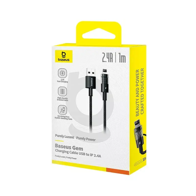 USB nabíjací kábel Baseus Gem P10373003111-00, 1 m, 2,4 A, nylonový plášť, Lightning, USB-A, čierny
