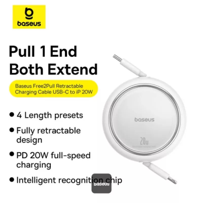 BASEUS Free2pull Expandable USB C To Ip Ligtning Fast Charging kábel 1 M 20 W biely