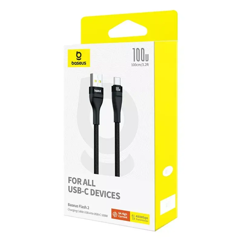 USB-A na USB-C kábel Baseus Flash 2 1m 100W čierny, USB PD, 480 Mbit/s, nylon