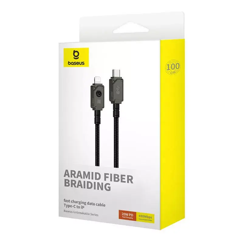 Kábel USB-C na Lightning Baseus Unbreakable 1m 20W – aramidové vlákno, 480 Mbit/s, čierny