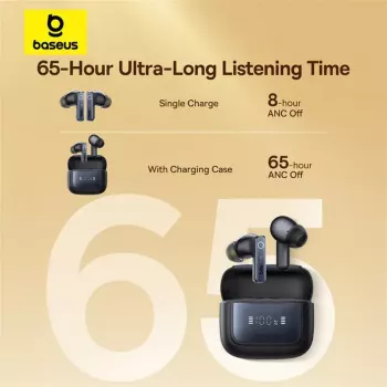 True Wireless in-ear slúchadlá Baseus 35 True — Bluetooth 5.3, ANC, 8 h prehrávania (ANC vypnuté), 65 h s nabíjacím puzdrom, 800 mAh nabíjacie puzdro, USB-C, čierna