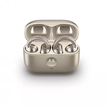 Headset Motorola Moto Buds Loop Bluetooth Ear-Clip-On binaurálny, Dolby Atmos, Bluetooth 5.0, ANC, 8 h prehrávania, nabíjacie puzdro 520 mAh, béžová