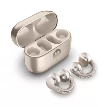 Headset Motorola Moto Buds Loop Bluetooth Ear-Clip-On binaurálny, Dolby Atmos, Bluetooth 5.0, ANC, 8 h prehrávania, nabíjacie puzdro 520 mAh, béžová