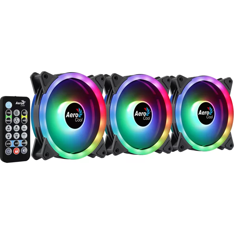 Aerocool DUO12PRO Kit 3x ventilátor 12 cm ARGB LED Dual-Ring antivibračný 6 Pins, čierny