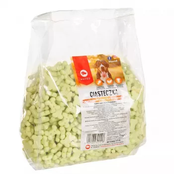 Tréningové maškrty pre psov MACED Puppy Mint Bones keksy 1 kg — keks s mätovou chuťou pre šteniatka, 1 kg plastové balenie