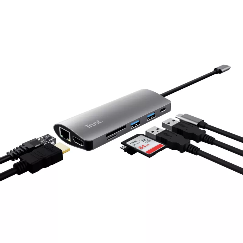 Trust Dalyx 23775 viacportový adaptér USB-C 7 v 1, USB-C 3.2, HDMI, RJ-45 Gigabit Ethernet, čítačka kariet SD/microSD, strieborný
