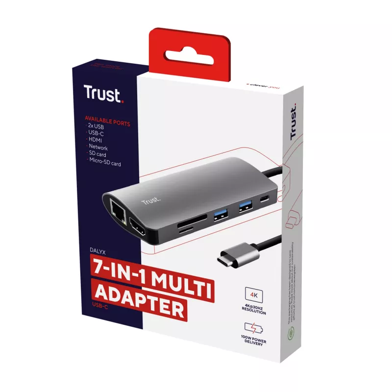 Trust Dalyx 23775 viacportový adaptér USB-C 7 v 1, USB-C 3.2, HDMI, RJ-45 Gigabit Ethernet, čítačka kariet SD/microSD, strieborný