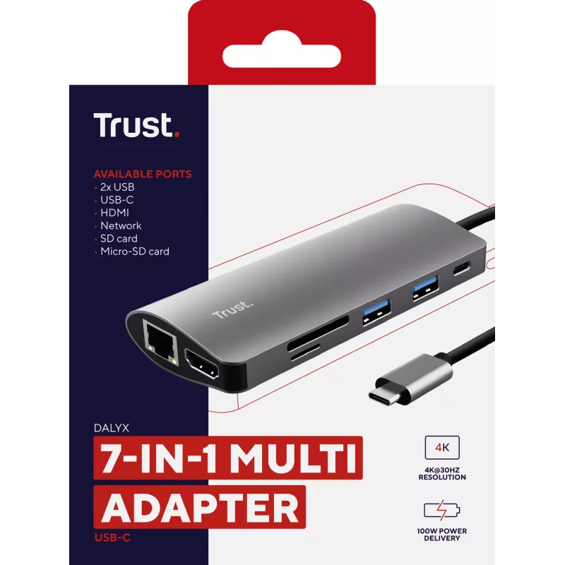Trust Dalyx 23775 viacportový adaptér USB-C 7 v 1, USB-C 3.2, HDMI, RJ-45 Gigabit Ethernet, čítačka kariet SD/microSD, strieborný