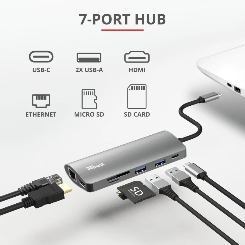 Trust Dalyx 23775 viacportový adaptér USB-C 7 v 1, USB-C 3.2, HDMI, RJ-45 Gigabit Ethernet, čítačka kariet SD/microSD, strieborný