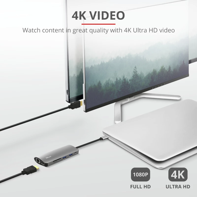 Trust Dalyx 23775 viacportový adaptér USB-C 7 v 1, USB-C 3.2, HDMI, RJ-45 Gigabit Ethernet, čítačka kariet SD/microSD, strieborný